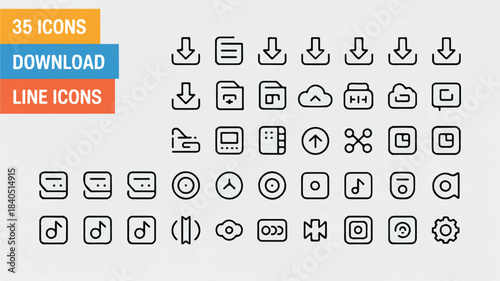 Collection of 35 minimal line icons representing various digital and multimedia functions, perfect for web and app design