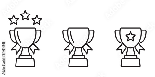 Victory Trophy Cup with Star Line Icons Set