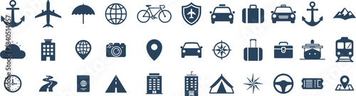 Travel & Tourism Icons Set: Airplane, Hotel, Map, Suitcase, Compass, and Global Adventure Symbols