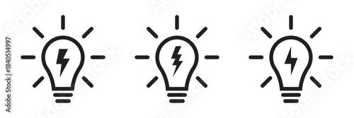 Light bulb icon, lamp with lightning, idea icons set.
