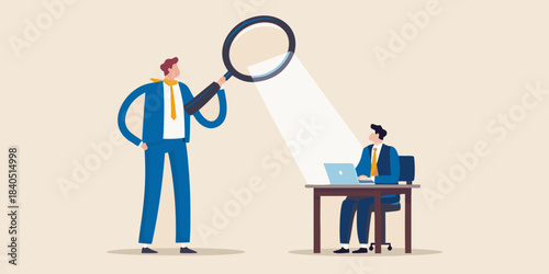 An illustration depicting a person scrutinizing another with a magnifying glass