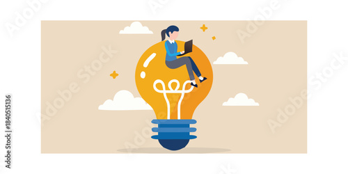 A person sits inside a glowing lightbulb representing new ideas and innovation