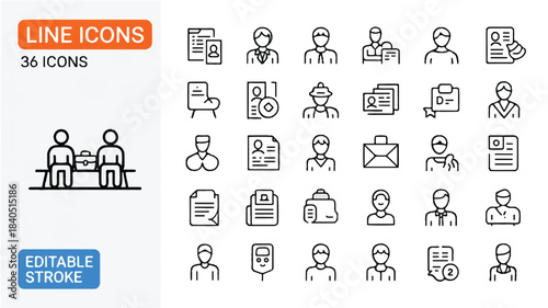 Collection of Minimalist Line Icons Representing Recruitment and Human Resources Concepts