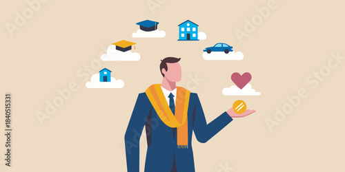 Balancing life priorities a man juggling dreams of education home love and wealth