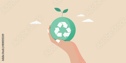 A hand holding an egg with a recycling symbol and growing sprout