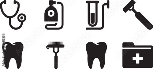 Medical and dental care icons including stethoscope and tooth