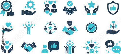 Customer Satisfaction & Relationship Icon set, Trust, Approval, Partnership, and Positive Feedback Symbols