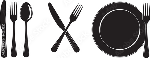 Black silhouette of cutlery and plate on white background silverware fork