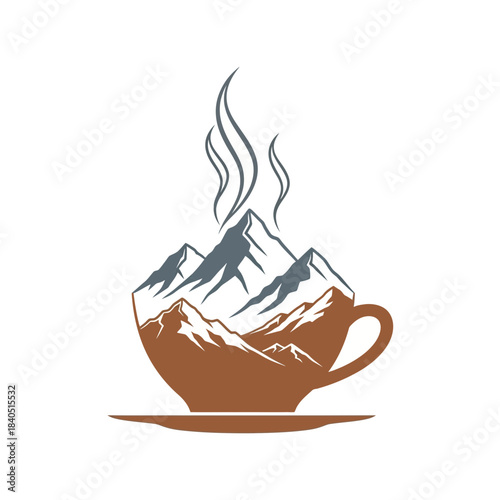 Mountain landscape inside a steaming coffee cup logo