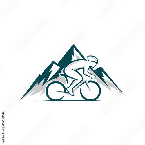 Cyclist riding a bike in front of majestic mountains