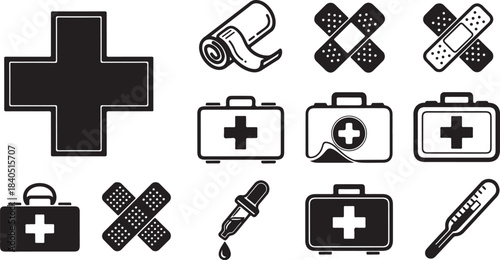 First aid icons and medical symbols for healthcare and emergency care