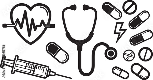 Medical icons including stethoscope heart rate pills and syringe