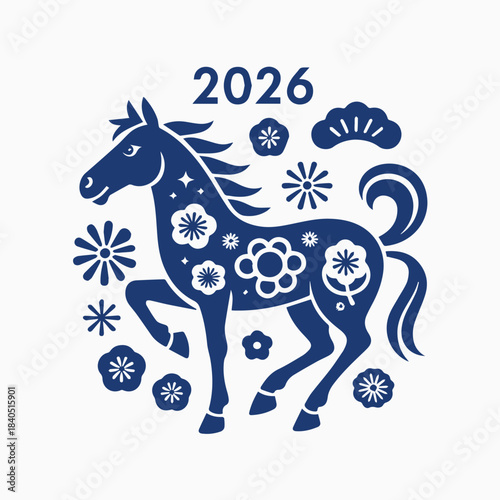 Simple Japanese Style New Year Zodiac Horse with Flowers