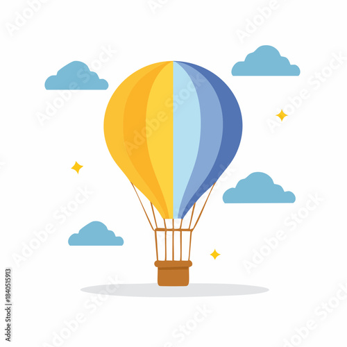 Hot Air Balloon Flight Flat Vector Illustration. Flying Adventure in Blue Sky with Clouds and Stars. Colorful graphic design.