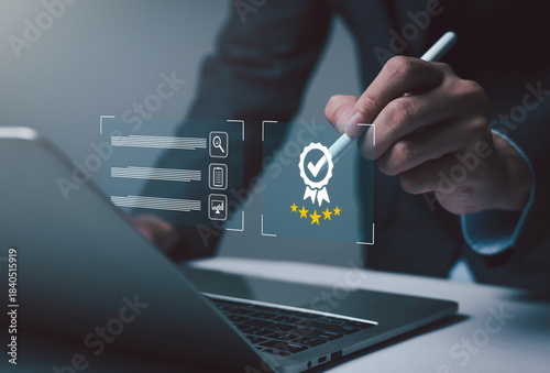Quadro em tela businessman touching a glowing checkmark icon represents quality assurance, successful project completion, and efficient business process management in a modern technology-driven environment
