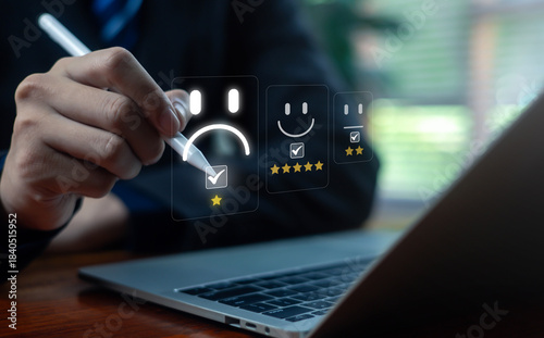 Fotografía business professional selecting a negative satisfaction rating on a digital interface, featuring a red unhappy face, one-star review, and feedback options representing poor customer experience