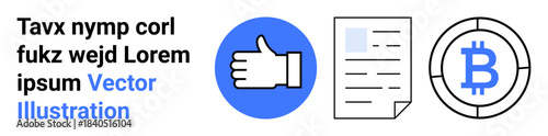 Social media, blockchain, digital finance, online interactions, documentation, user ratings. Thumbs-up, document and Bitcoin icons. Social media and blockchain concepts