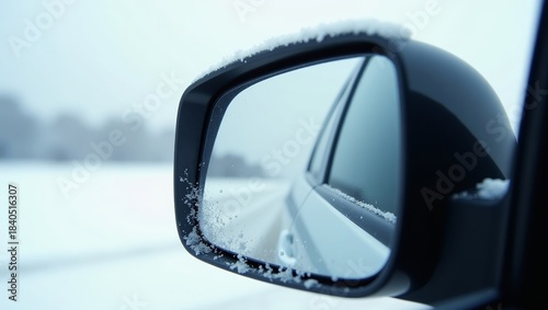 Close up of a car side mirror lightly dusted with snow while driving on a cold winter road with blurred background scenery