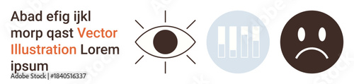 Data analysis, emotions, vision studies, behavioral trends, design inspiration, infographic elements. Eye icon, bar chart and sad face. Vision studies and data analysis concept