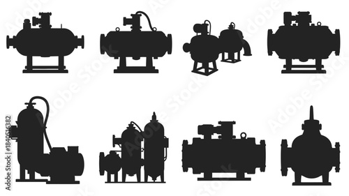 Silhouettes of vintage submarines and nautical industrial equipment displayed in black