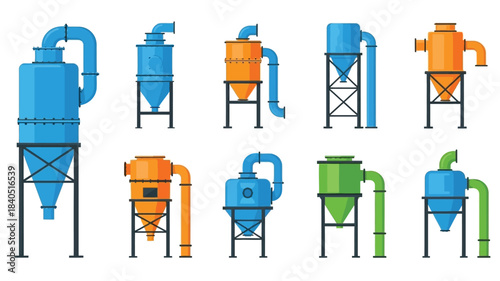 Industrial dust collectors and cyclone separators in various designs and colors