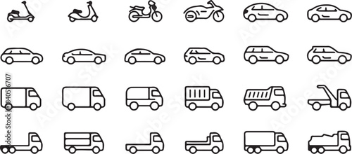 vehicle transportation icons labeled grid with car truck scooter types