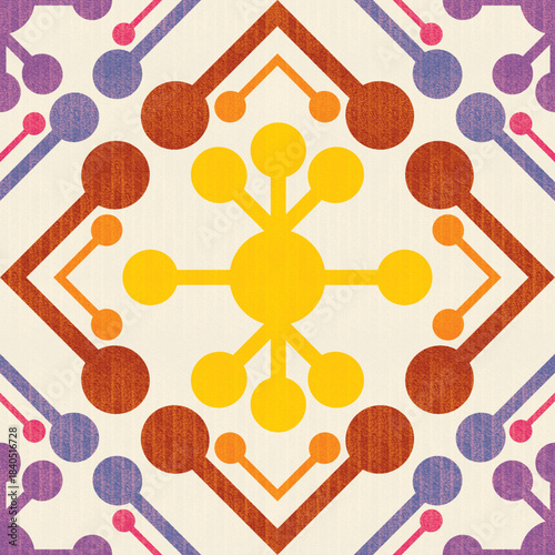 A geometric pattern of interconnected circles in yellow, orange, and purple tones on a light background. Its symmetrical layout creates a modern, orderly feel, suitable for fabric or decorative design
