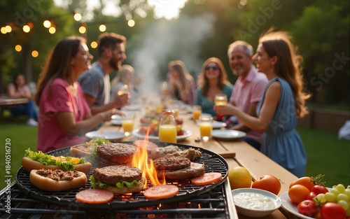 Lively summer backyard barbecue party with sizzling grills, burgers, hot dogs, laughter, lawn games, picnic tables with colorful salads, lemonade, string lights, and joyful friends and families
