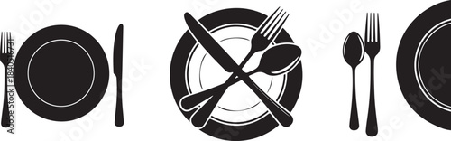 Black silhouette of plates and cutlery arranged in groups on white background fork