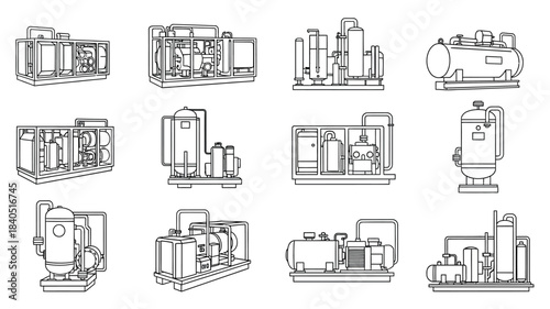 Detailed line art depictions of industrial equipment and machinery arrangements