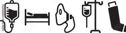 Medical equipment and hospital icons in a row