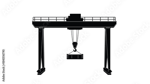 Simple black and white illustration of an overhead bridge crane with a hook