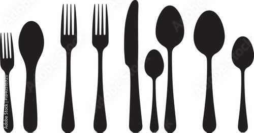 Black Silhouettes of Assorted Cutlery and Utensils on White Background fork spoon