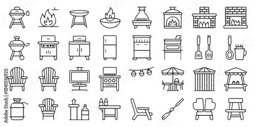 grill outdoor living icon set line art patio and backyard elements