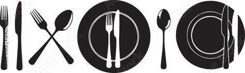 Black Silhouettes of Cutlery and Plates on White Background fork knife