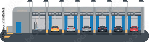 3d rendered illustration of modern automatic car wash station with multiple vehicles in separate washing bays and industrial equipment