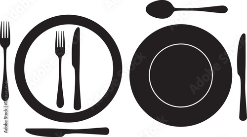 Black silhouettes of plates forks knives and spoon on white background knife cutlery
