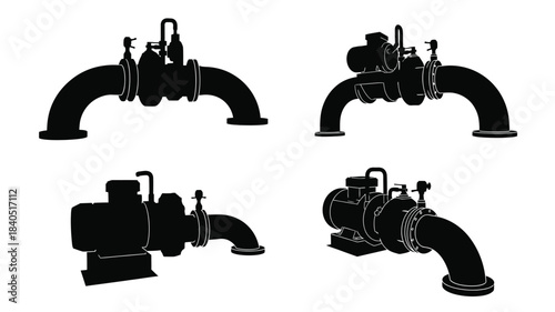 Detailed illustration of industrial pipe fittings and valves in black silhouette