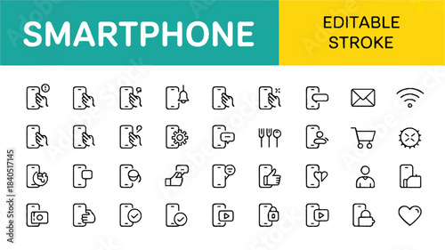Collection of Flat Design Smartphone Icons with Editable Stroke Representing Various Mobile Functions and Applications