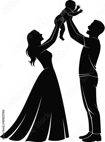 Family silhouette illustration, parents lifting baby, joyful bonding moment, black figure art, parenting icon, love sketch, minimalist family design