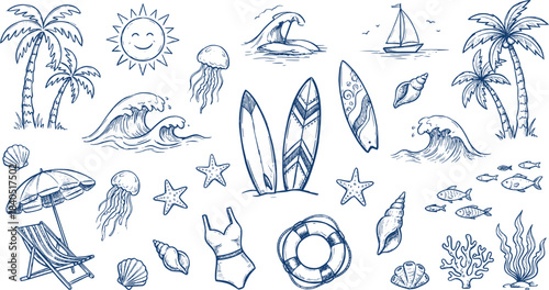 Hand Drawn Beach and Summer Doodle Icons Set – Ocean, Surf, Tropical Line Art Vector Collection