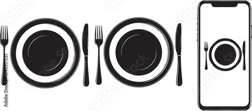 Table Setting and Smartphone with Cutlery Icon on White Background plates fork
