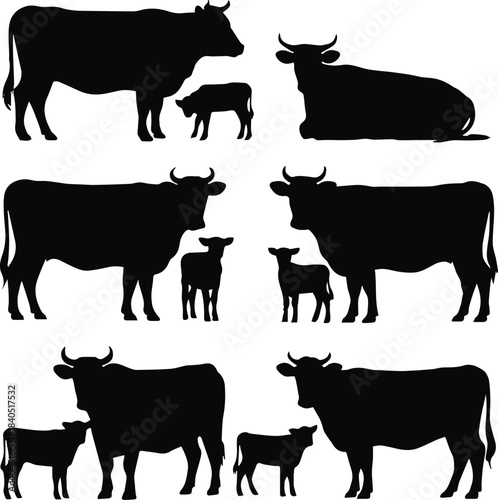 cow silhouette set of cow and calf poses vector