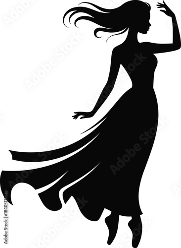 Woman silhouette in flowing dress, graceful pose, elegant motion, black figure art, fashion icon, stylish sketch, minimalist beauty illustration