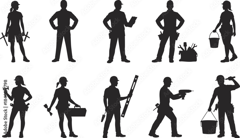 Obraz premium Construction worker silhouettes, labor icons, tool poses, black figure set, industrial roles, teamwork illustration, job site reference, safety gear design