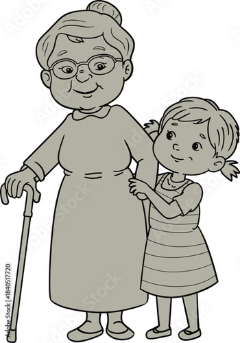 Grandmother and granddaughter hugging — black-and-white cartoon illustration with hearts for family love, bonding, and emotional connection themes