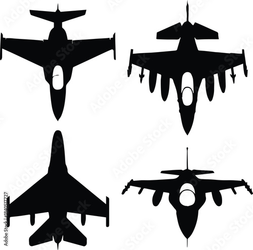 jet silhouette set top view fighter aircraft vector icons