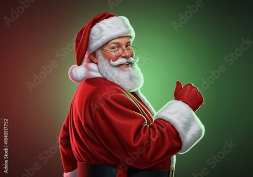 Smiling Santa Claus digital illustration looking back over shoulder giving thumbs up, happy festive Christmas approval on red green gradient background.