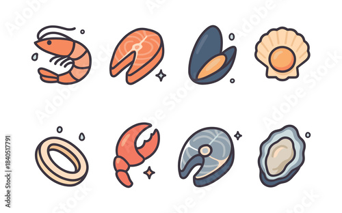 Seafood icons set, shrimp, salmon, crab, oyster, flat vector illustration