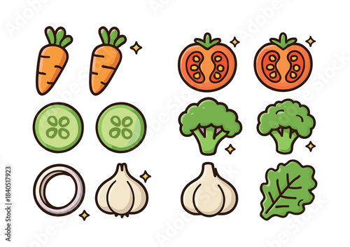 Vegetable vector illustration, flat vector style with carrots, tomatoes, and broccoli